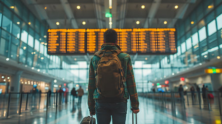 Young man traveler with backpack and luggage in international airport. Travel conceptの素材