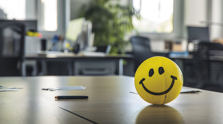 Smiling yellow ball with smiley face on table in office.の素材