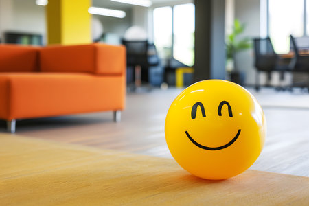 Funny smiley face on yellow ball in the living room.の素材