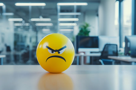 Funny yellow egg with sad face on the table in office.の素材