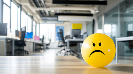 Sad emoji face on a desk in a modern office. Selective focus.の素材