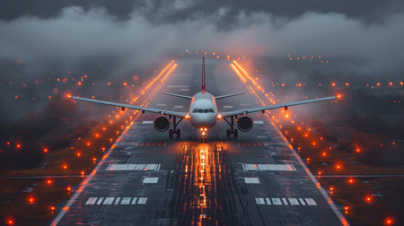 Airplane on the runway at night.の素材