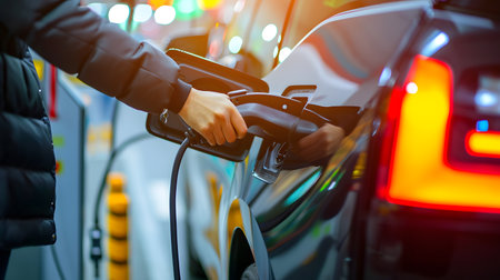 Close-up of a woman charging an electric car at a gas stationの素材