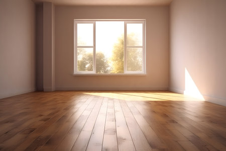 Empty room with window and wooden floor.の素材