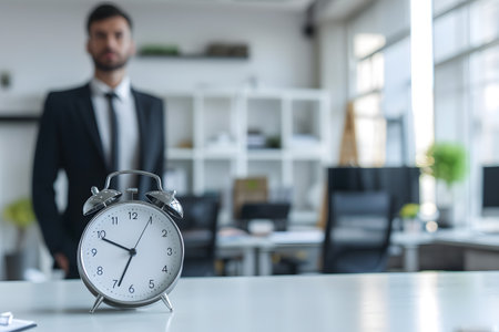 selective focus of businessman in suit holding alarm clock in modern officeの素材