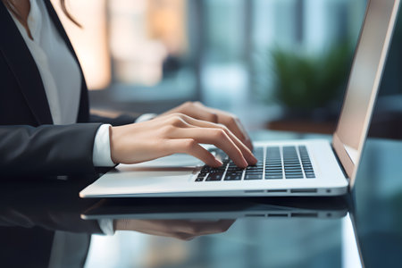 Closeup of businesswoman hands typing on laptop keyboard in office.の素材