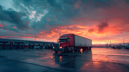 Truck on the parking lot at sunset. Transportation and logistics conceptの素材