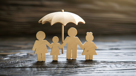 Family protection concept. Wooden figures of family and umbrella on wooden background.の素材