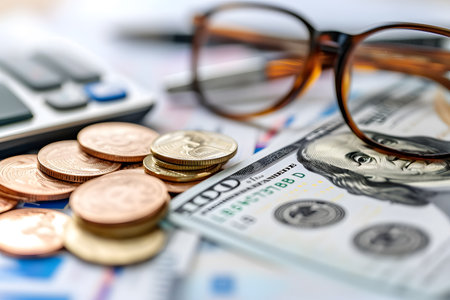 Business still life with money, calculator and eyeglasses on the tableの素材