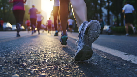 Marathon running race, people feet on city road at beautiful summer sunsetの素材