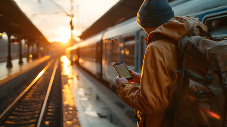 Young man with backpack and mobile phone waiting at the train station.の素材