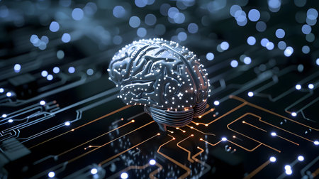 Human brain with circuit board background. Artificial intelligence conceptの素材