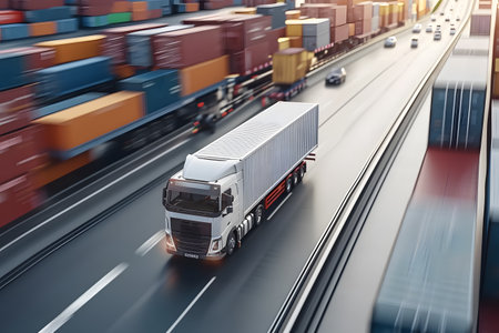 Truck with container on the road. Cargo transportation and logistics concept.の素材