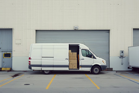 Delivery van with boxes on the parking lot in warehouse, tonedの素材