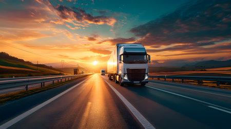 Truck on the highway at sunset. Transportation and logistics concept.の素材