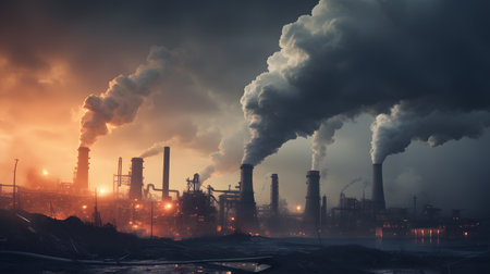 Industrial landscape with smoking chimneys at sunset. Global warming conceptの素材