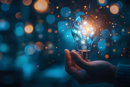 Glowing light bulb in hand on bokeh background. Business idea conceptの素材