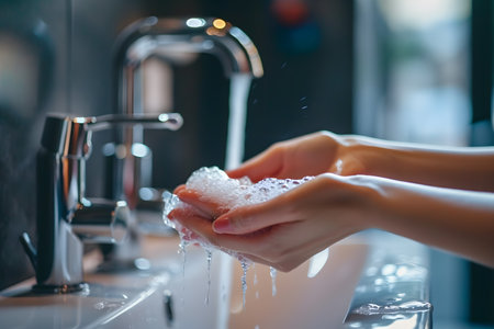 Washing hands with soap under running water. Hygiene concept.の素材
