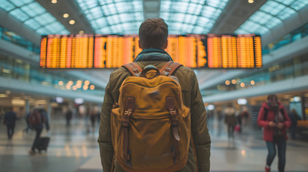 Handsome young man with backpack looking at flight information board in airportの素材