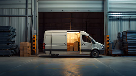 White van in a warehouse or storehouseの素材