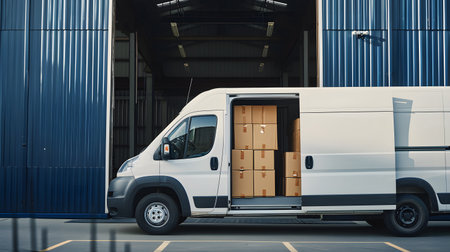 Delivery van with cardboard boxes in warehouse, freight transportation and logistics conceptの素材