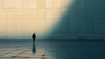 Silhouette of a business man walking in front of an office buildingの素材