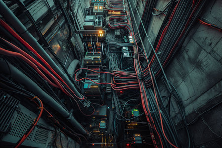 Fiber Optic cables connected to network switches in data center roomの素材