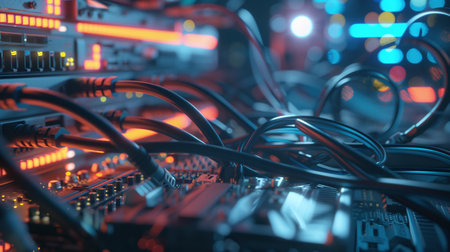 Close up of network cables connected to server hardware. Network concept.の素材