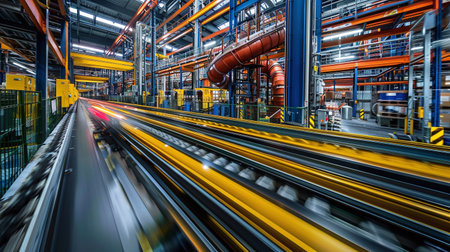 Modern automated production line. Industrial background with conveyor belt and blurred motion.の素材