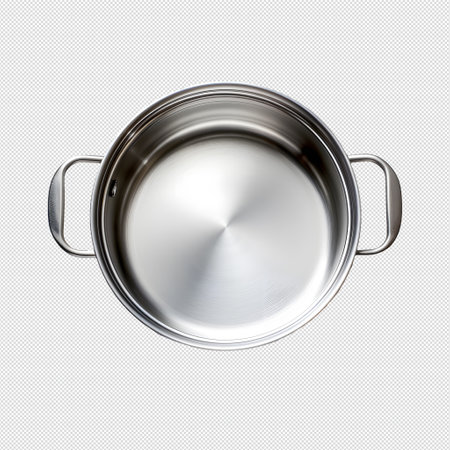 Top view of stainless steel saucepan on white background.の素材