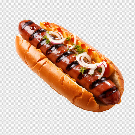 Delicious hot dog with mustard, ketchup and onion on a white backgroundの素材