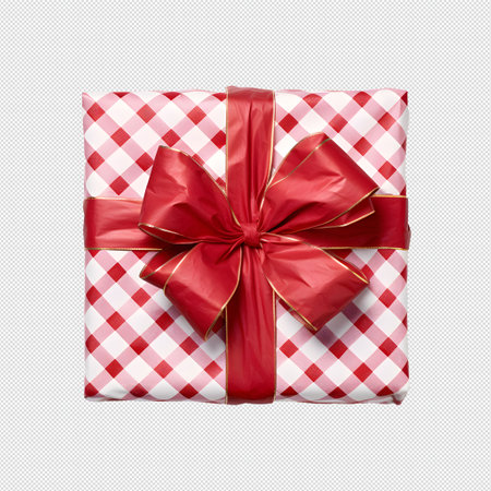 Gift box with red ribbon isolated on white background. Top view.の素材