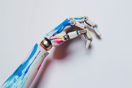 Robot hand holding a blue and pink paint on a gray backgroundの素材