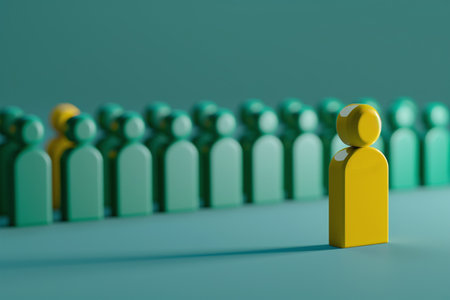 Yellow person standing out from the crowd of green peopleの素材