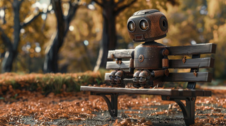 Vintage robot sitting on a bench in the autumn park.の素材