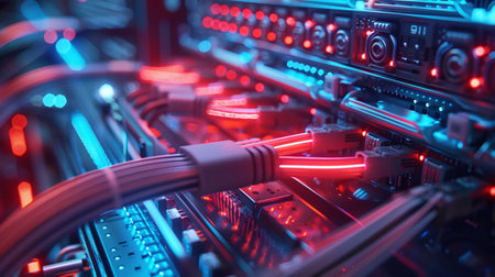 Fiber Optic cables connected to an optic ports in a data centerの素材