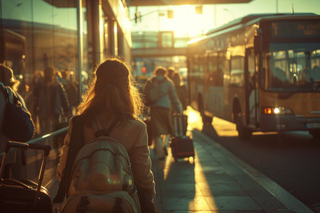 Beautiful young tourist woman with backpack in the city at sunset.の素材