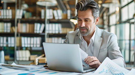 Portrait of mature businessman using laptop while sitting at table in officeの素材