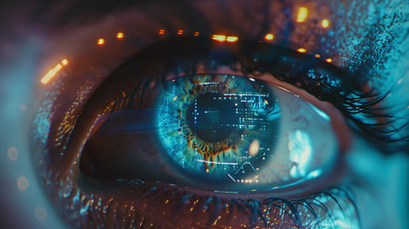 Close-up of human eye with digital hologram.の素材