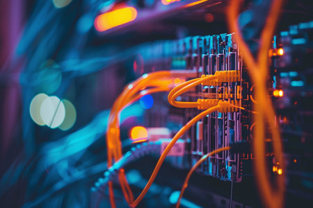 Fiber Optic cables connected to an optic ports in data centerの素材