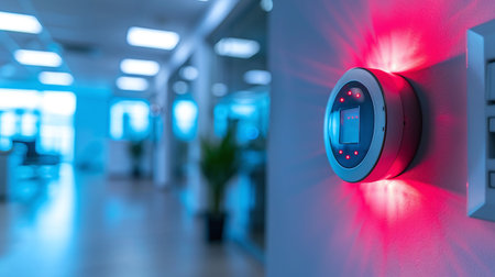 Fire alarm system in modern office building. Red light in the interior.の素材