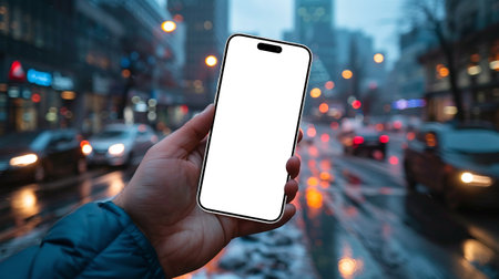 male hand holding a smartphone with isolated screen on the background of the cityの素材