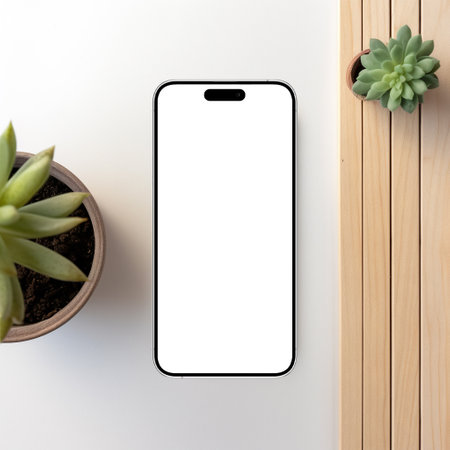 Smartphone mockup with blank screen and cactus in pot. 3d rendering.の素材