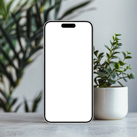 Smartphone mockup with blank screen on white wooden table with plant.の素材