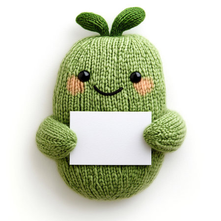 Cute knitted toy avocado with blank card isolated on white backgroundの素材