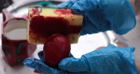 Hands wearing blue gloves hold a red Easter egg and a sponge, applying dye to decorate the egg. This activity highlights the joyful tradition of coloring eggs for Easter festivities.の写真素材