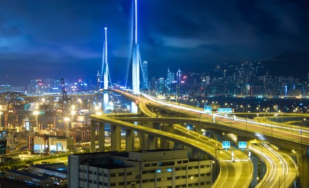 Hong Kong Bridge of transportation at nightの写真素材