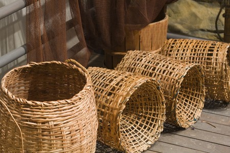 baskets on wood floorの写真素材