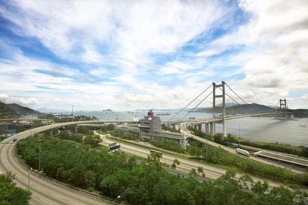 Tsing ma bridge in Hong Kong at daytimeの写真素材