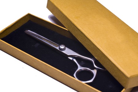 Special scissors for work of hairdresser in boxの写真素材